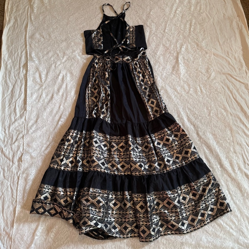 Lace the label geometric metallic print lace up back tiered maxi dress anthro - Picture 12 of 14